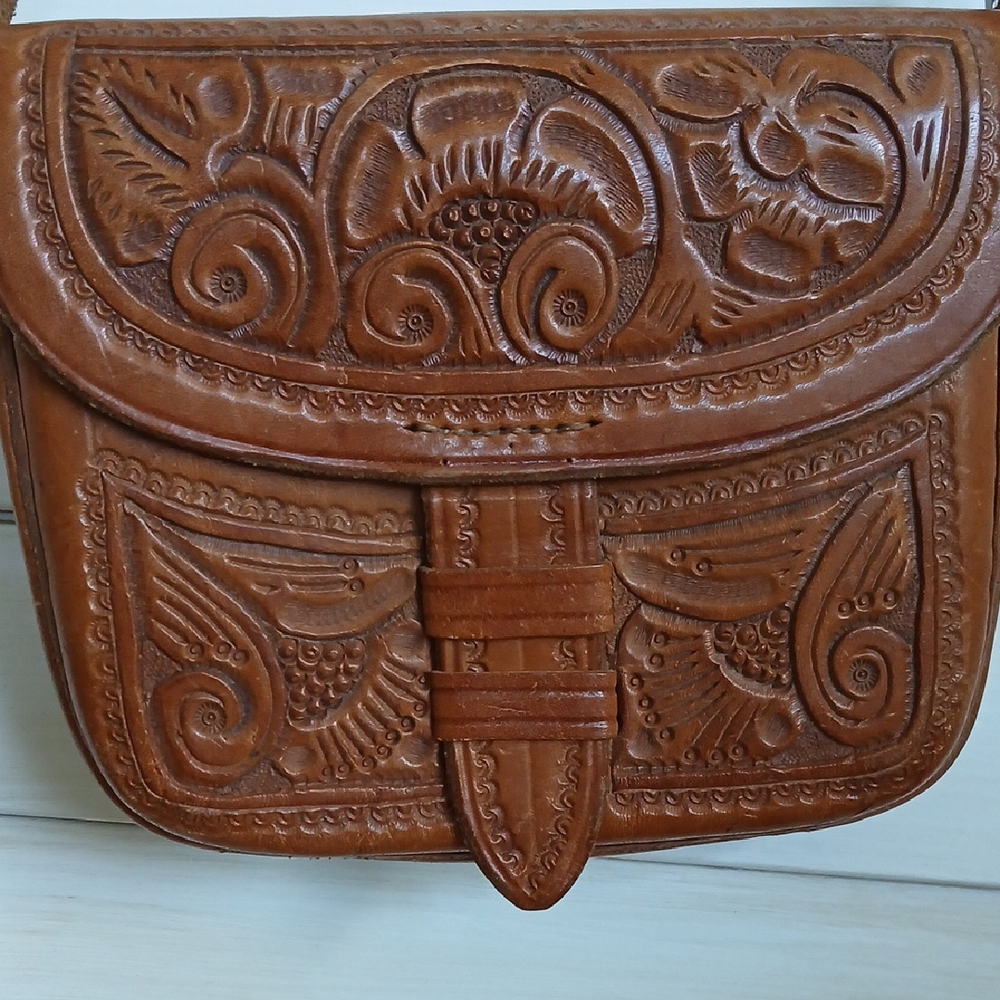 Vintage Tooled Brown Leather Crossbody Shoulder Bag Western Boho - Picture 4 of 16